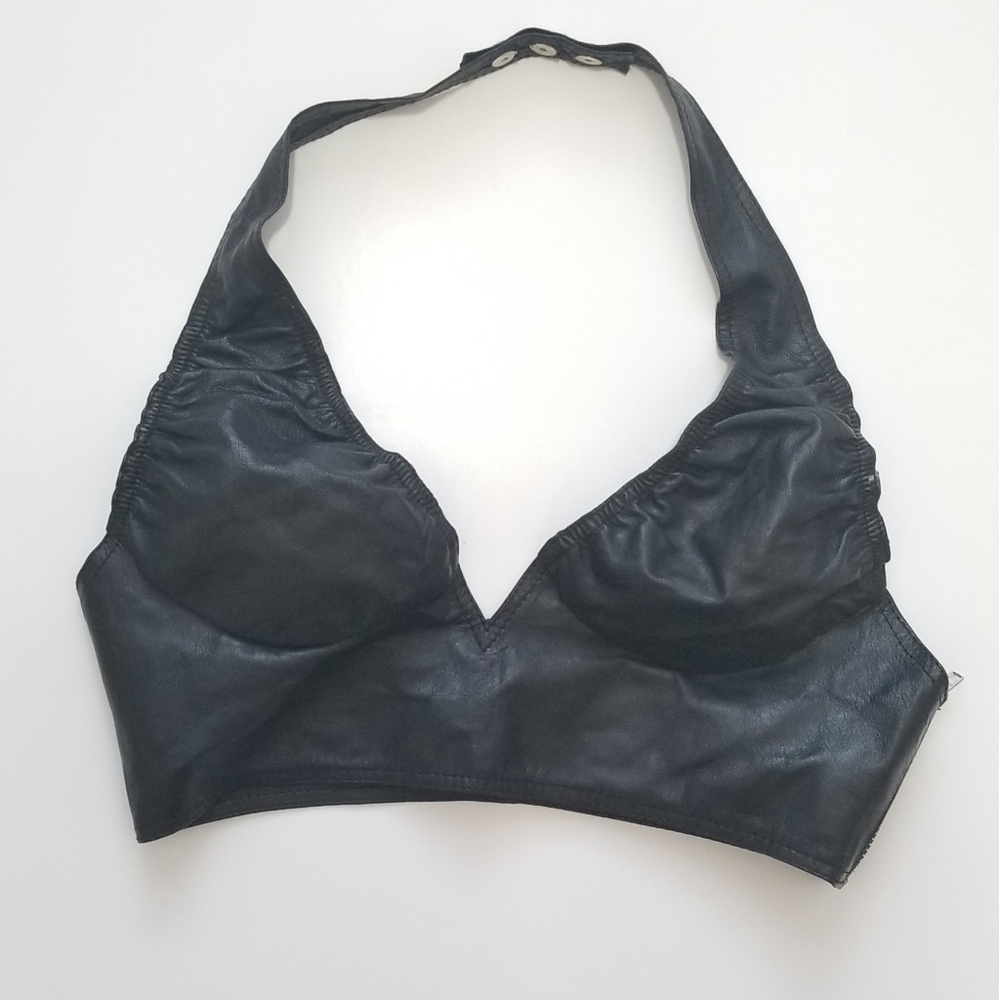 Genuine leather cropped halter top with side zipper, black, Small
